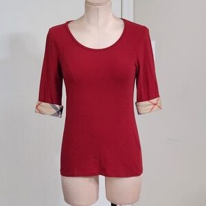 Burberry Red Short Sleeve Tee with Plaid Cuffs